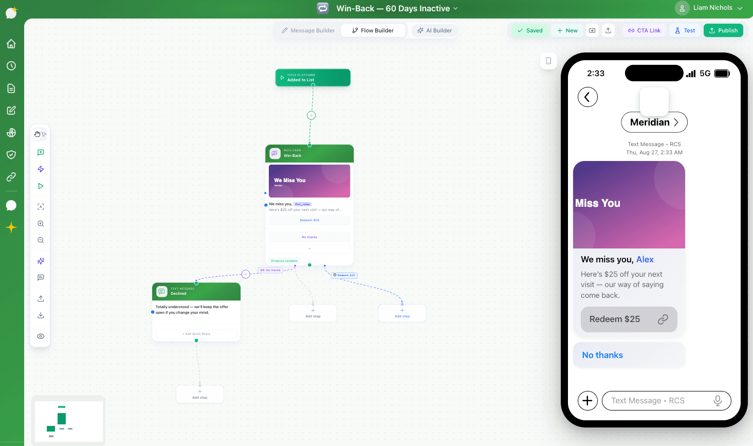 The Title Studio canvas with a multi-step message flow